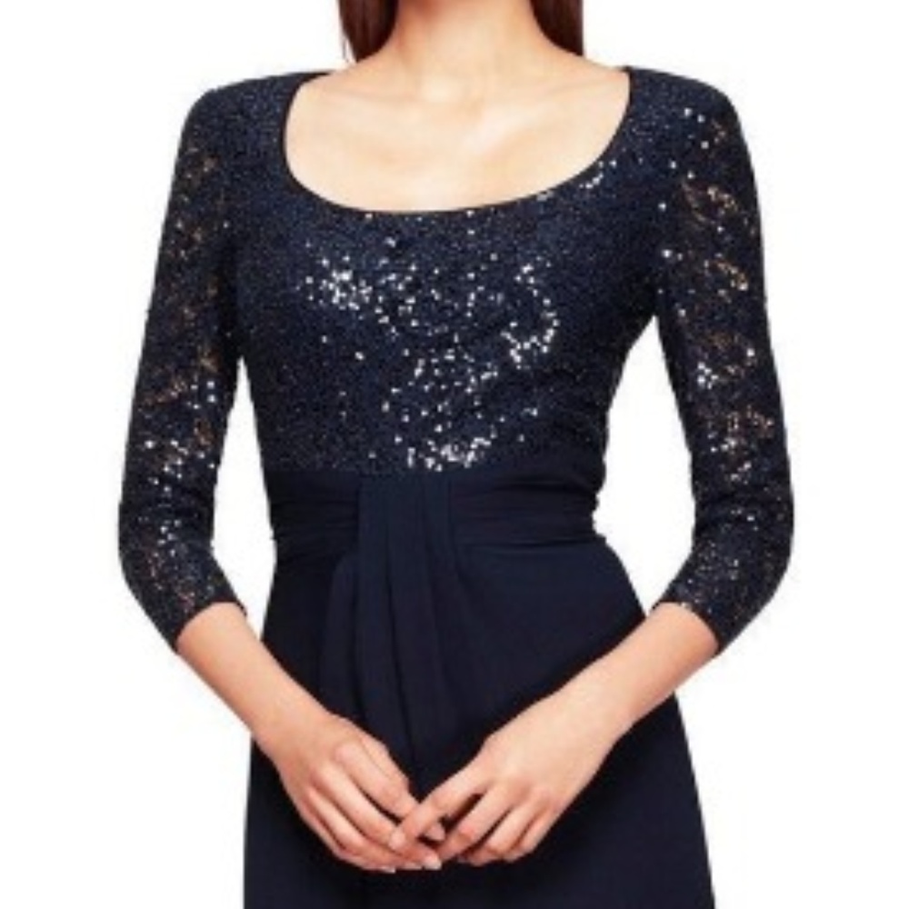 Kay Unger Sequin Gown Navy Blue